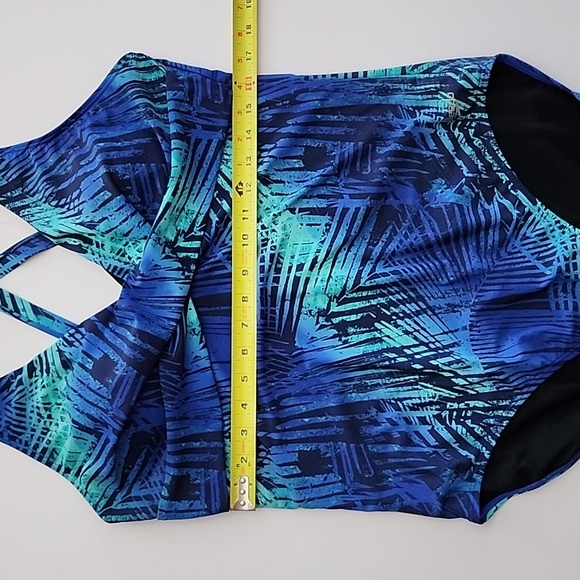 Speedo One Piece Swimsuit Abstract Foliage Turquoise Blue Cross Straps Sz 16 - Picture 11 of 12